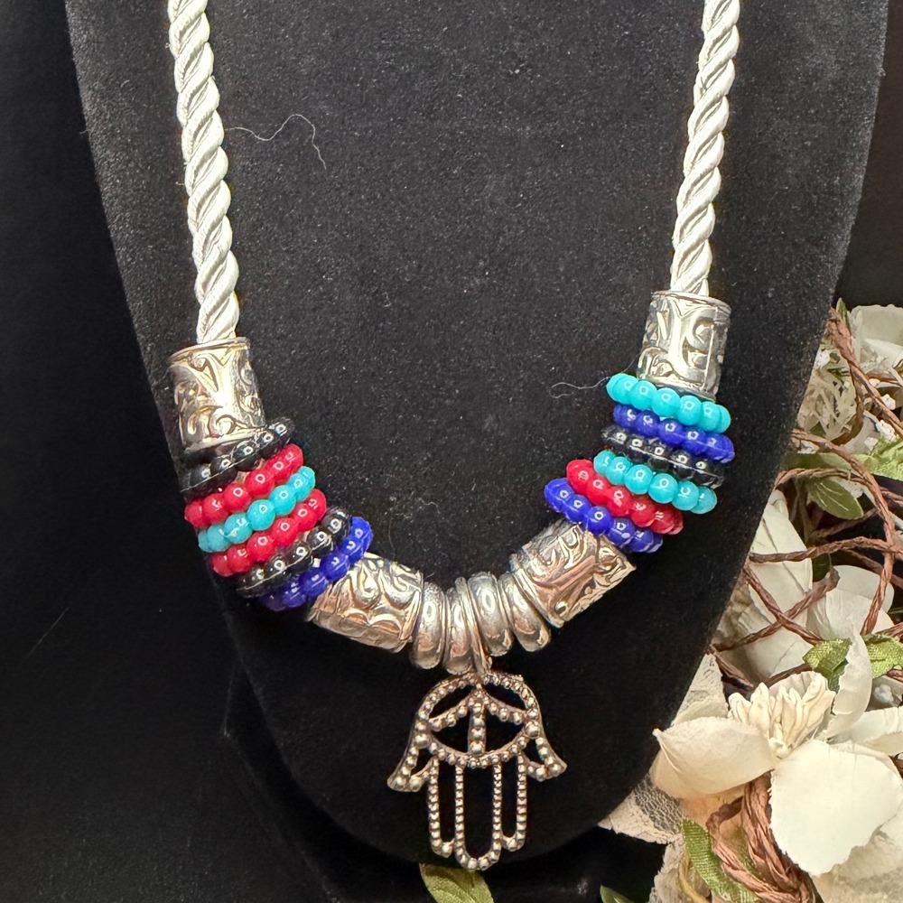 Boho Hamsa Hand Necklace Silver Rope Cord Beaded Accents Southwestern